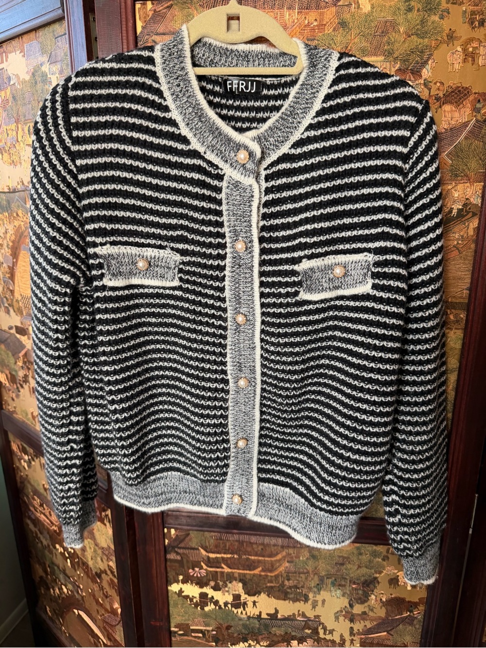 FFRJJ French Chic Black & White Striped Knit Cardigan